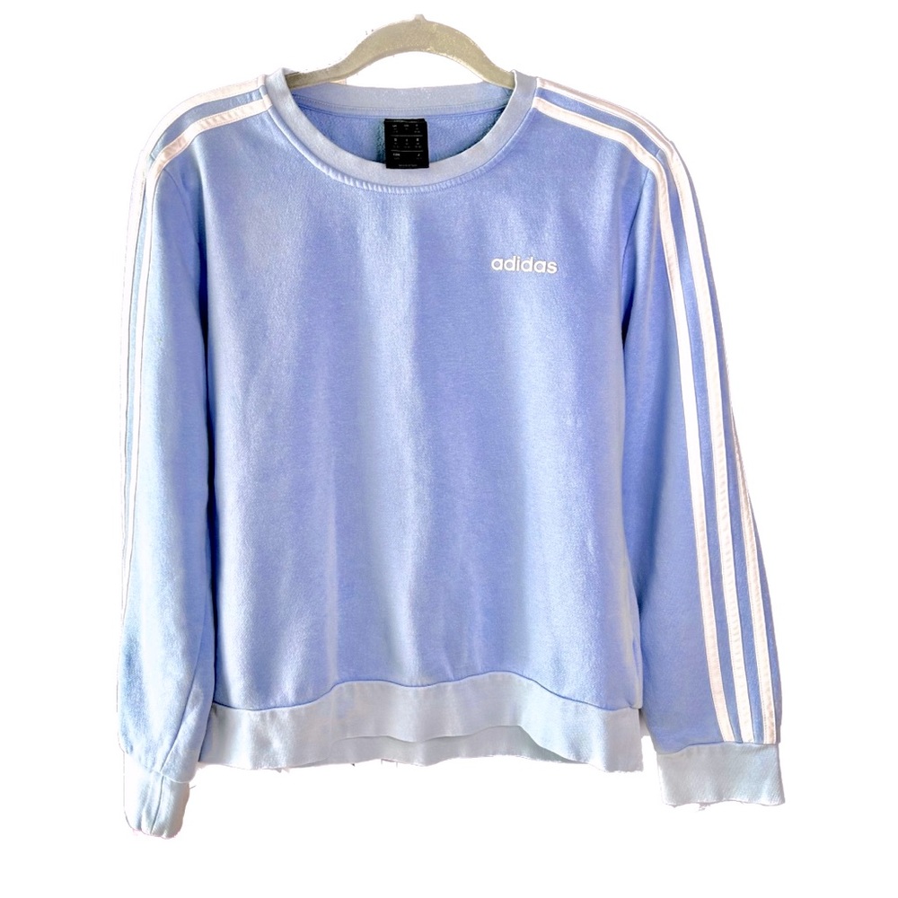 Adidas Essential 3 Stripe Blue Sweatshirt Athletic Crewneck - Picture 2 of 5